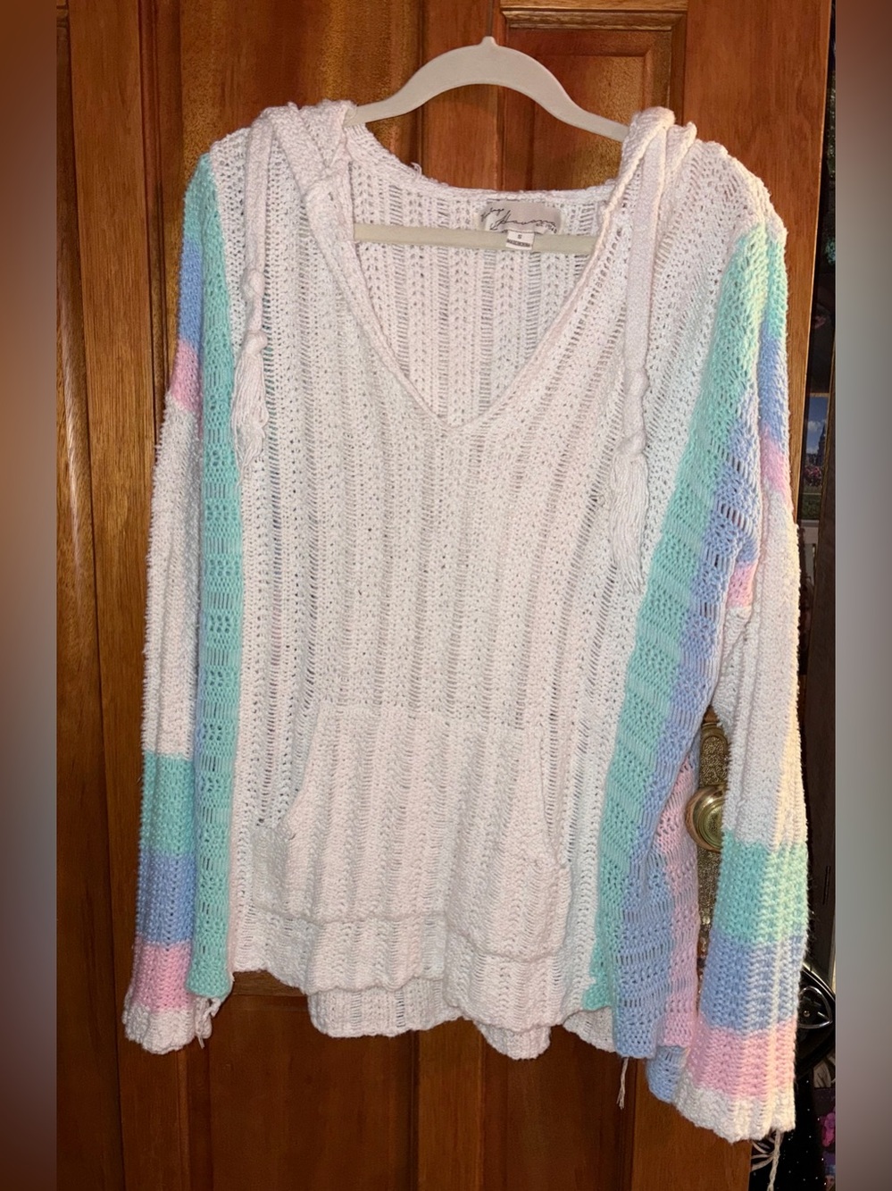 Beach Knit/Crochet Hoodie with Pastel Stripe Sleeves